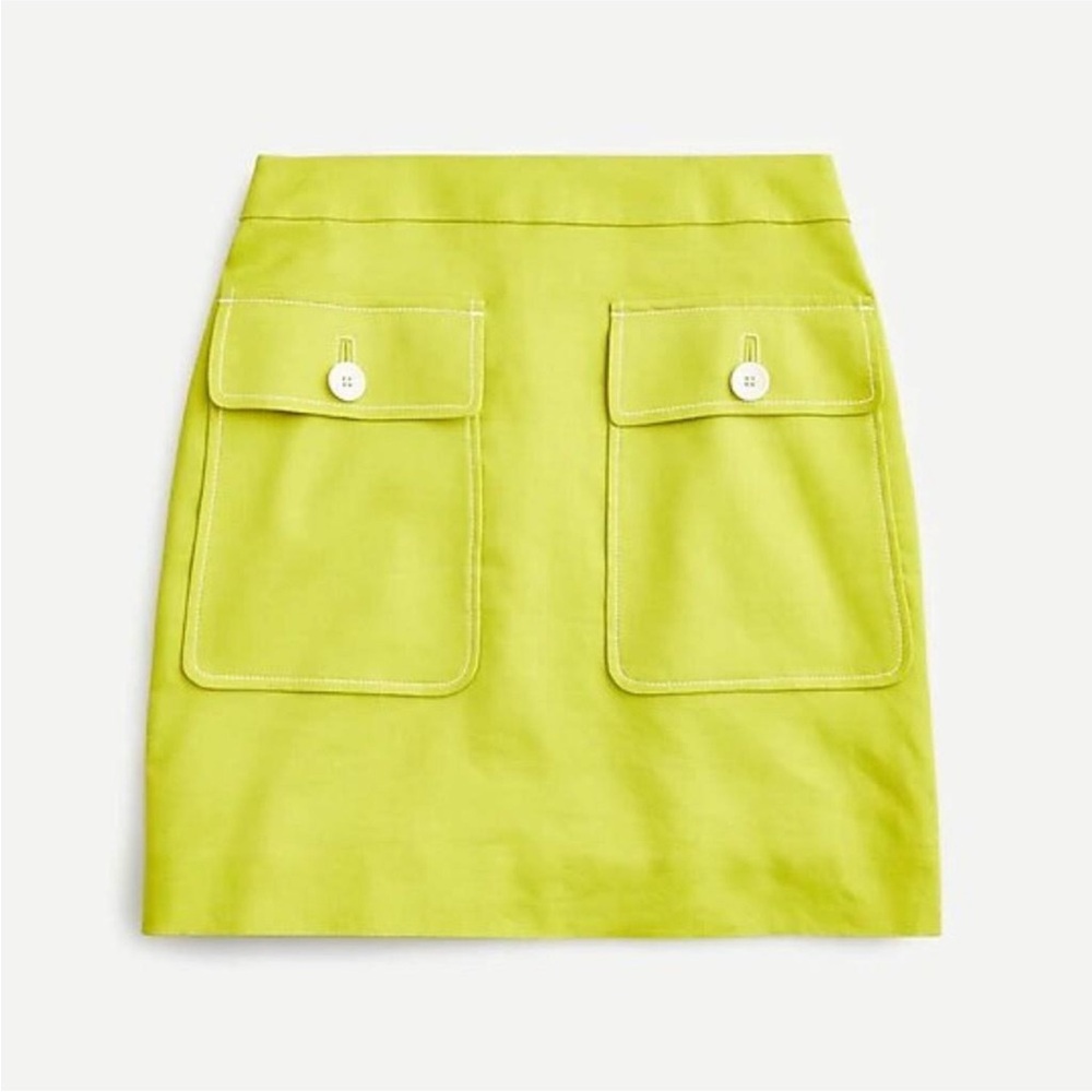 EUC !! J. Crew chartreuse Patch-pocket skirt / stretch linen :: size 0